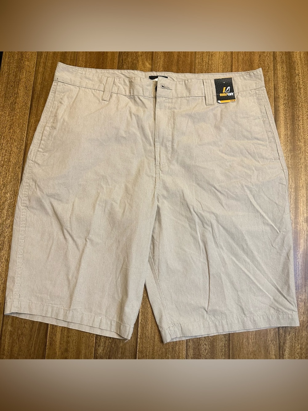 Amplify Chino Shorts 40  Beige Twill Solid Flat Pockets Button Logo Regular a142